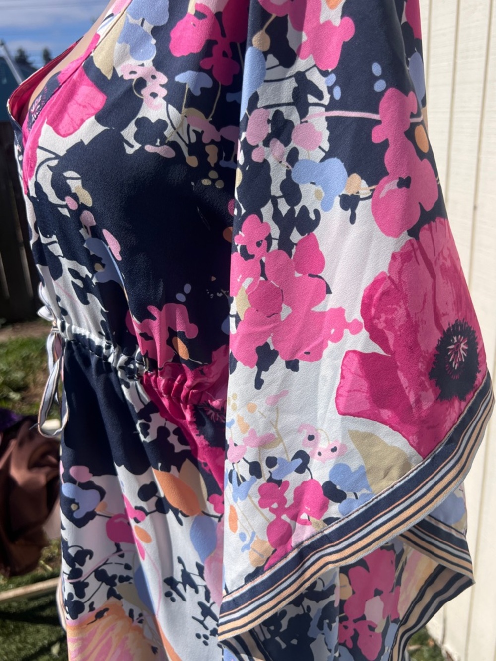 New York & Company Floral Kimono Sleeve Blouse | Boho Tie Waist Top M - Picture 6 of 8